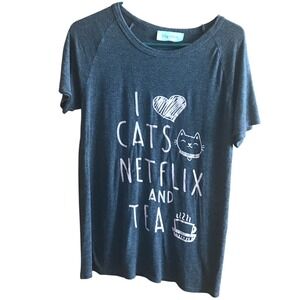 Lily Rain I Love Cats Netflix and Tea Graphic T Shirt Casual‎ Comfy Top